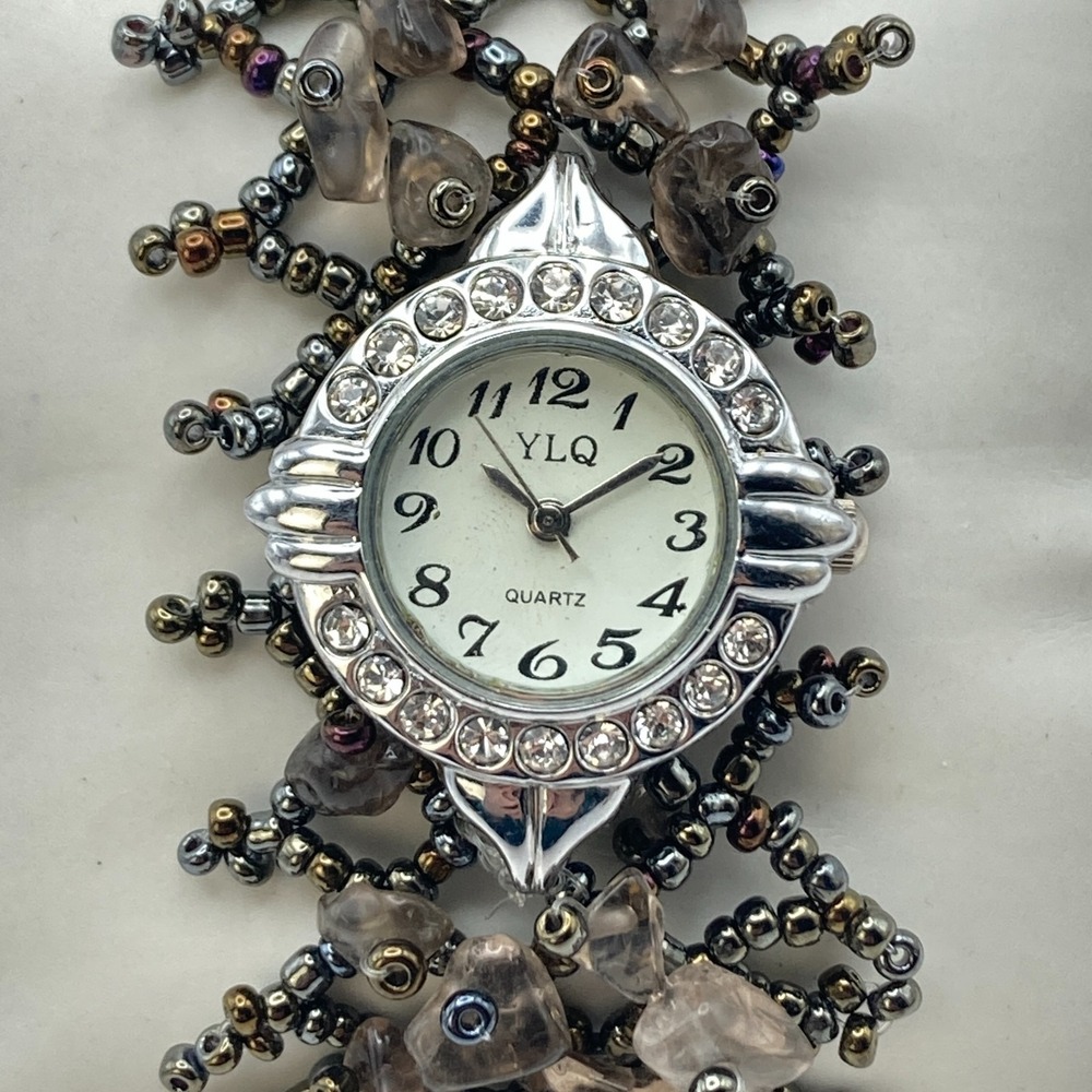 Artisan Womens Watch Beaded Gemstone Silver Tone Crystals New Battery 7.25" - Picture 1 of 16